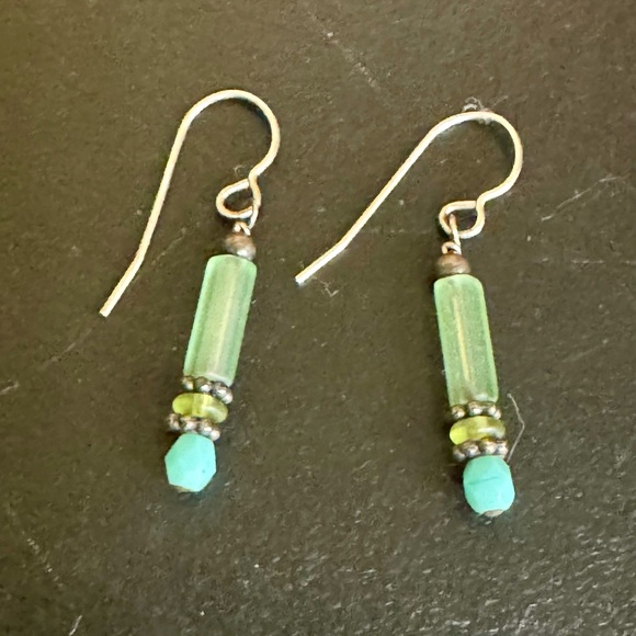Sterling Silver Green & Blue Glass Dangle Boho Earrings - Picture 3 of 3
